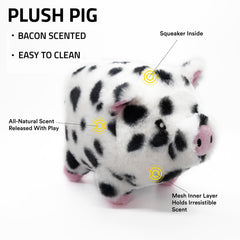 Playology plush pig squeaker toy highlights bacon scent for sniff friendly fun.