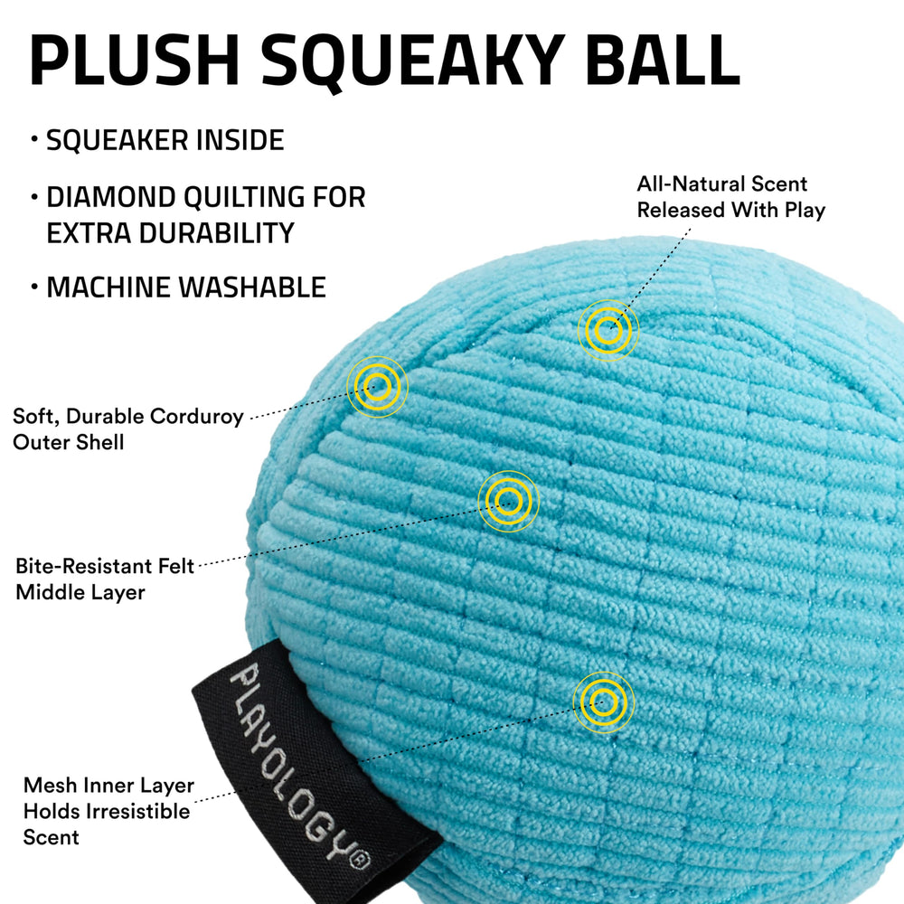 Playology squeaky ball, side view, chew-friendly texture for dogs.