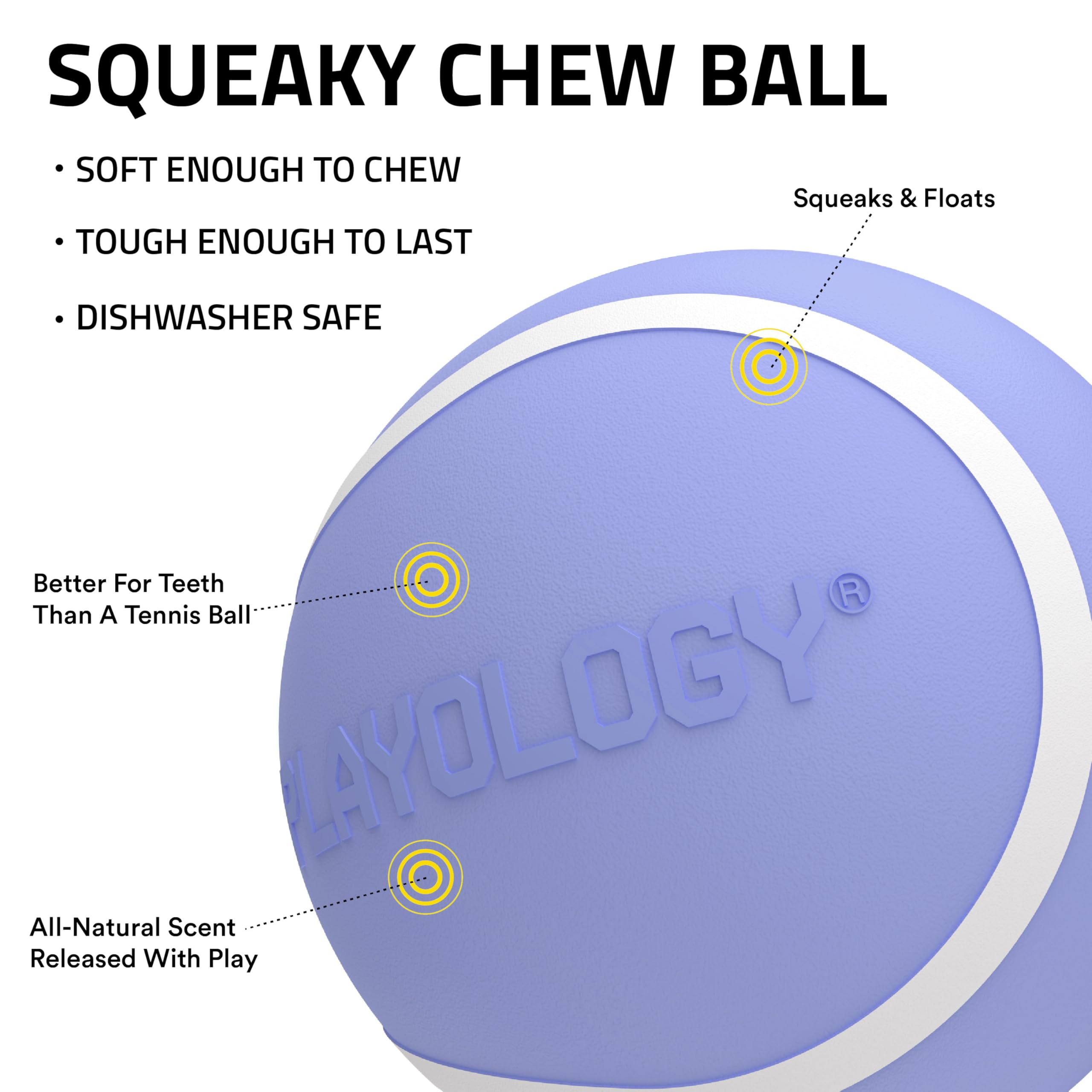 Close-up of Playology Squeaky Chew Ball showing embedded blueberry scent