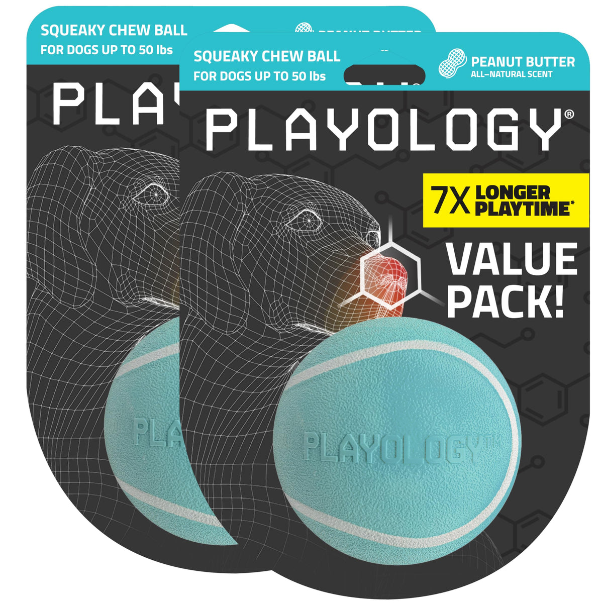 Playology squeaky chew ball with peanut butter scent for medium dogs.