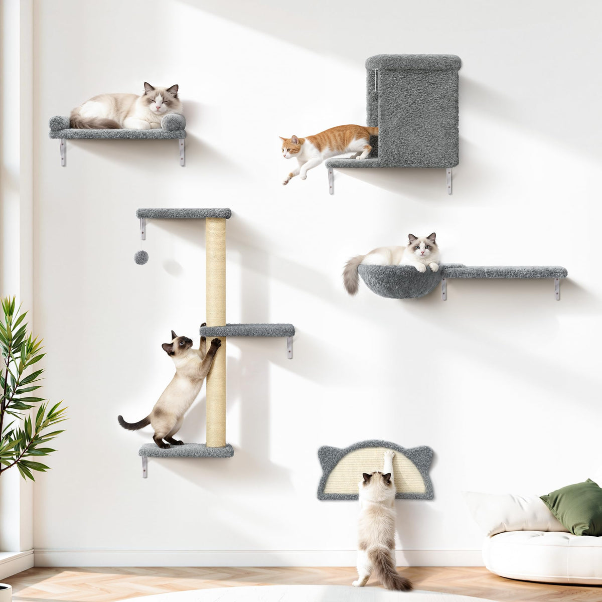 PLEKER 5-in-1 wall shelves: double-layer bed with hideaway cave for cats' comfort