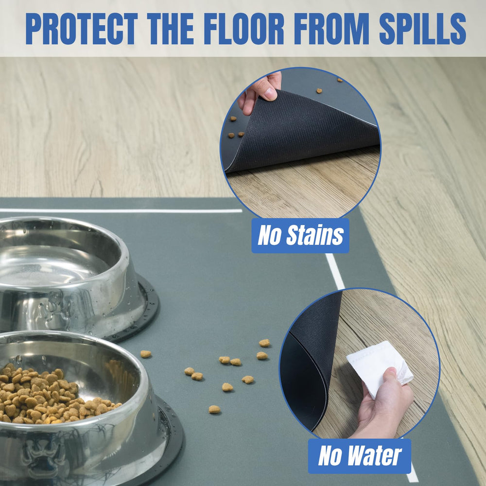 Gray Plentio mat on a hard floor near feeding area