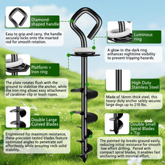 PLSEFRO dog tie out stake features 360-degree rotation to reduce leash tangles outside.