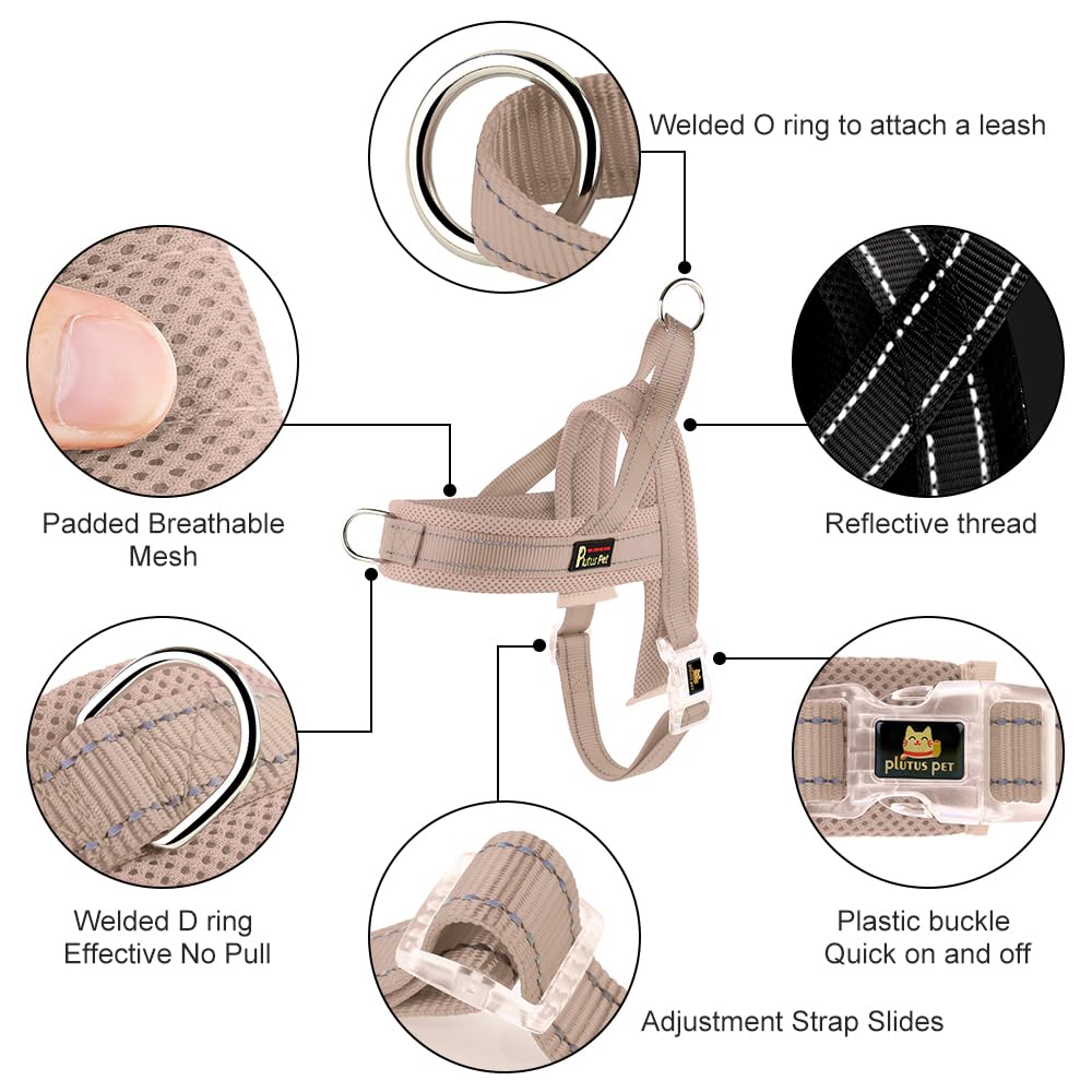 Plutus Pet No Pull Harness beige with adjustable straps ensuring secure fit for all sizes.