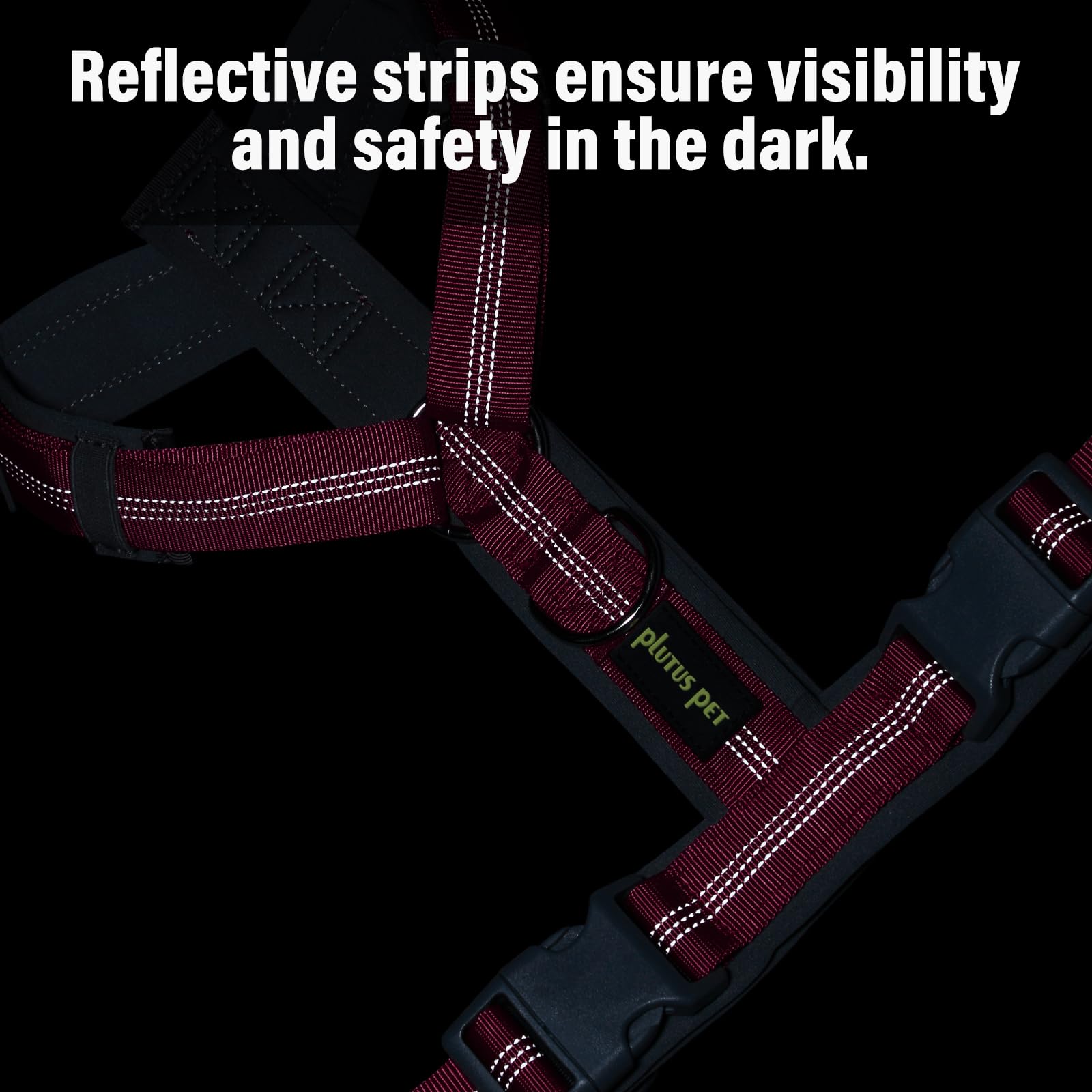 Plutus Pet No Pull Harness two reinforced D rings for secure leash connections.