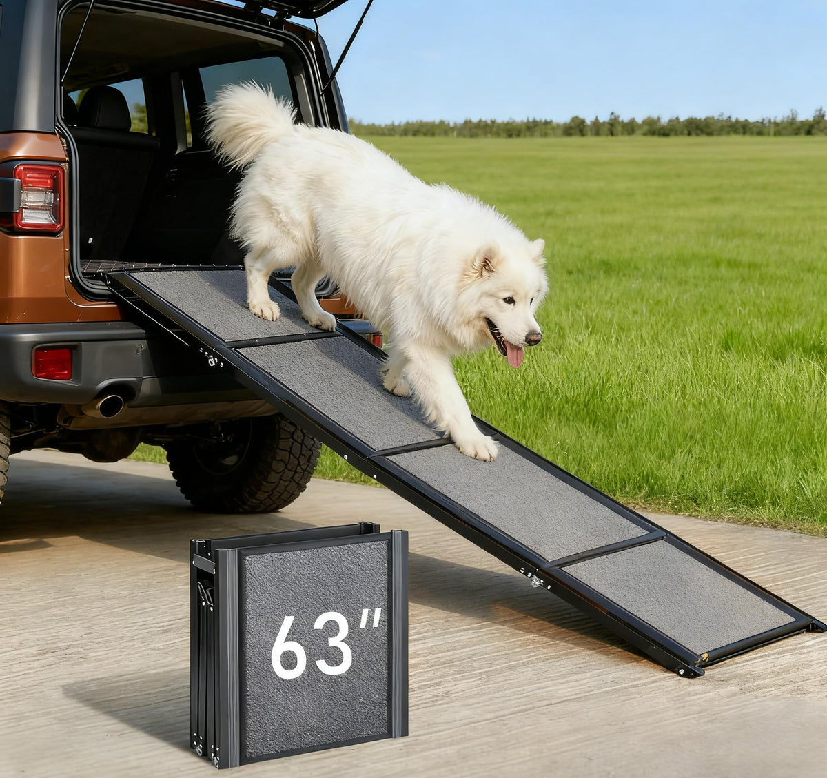 Poakkus dog ramp 63-inch length eases SUV entry for large dogs.