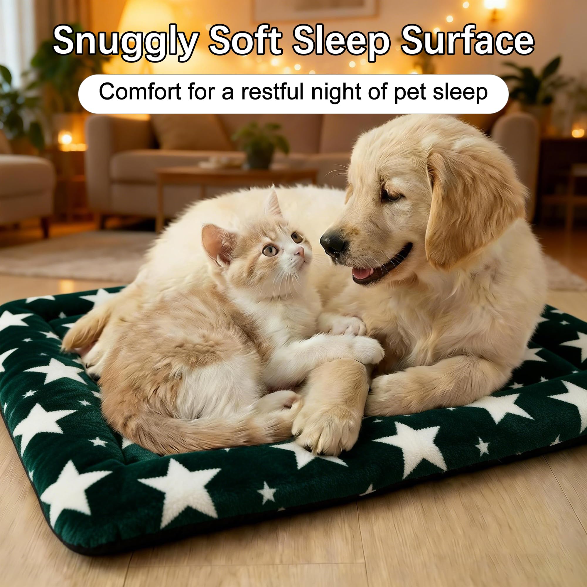 Pobopobo dog bed mat in green stars canvas side stays cool and breathable.