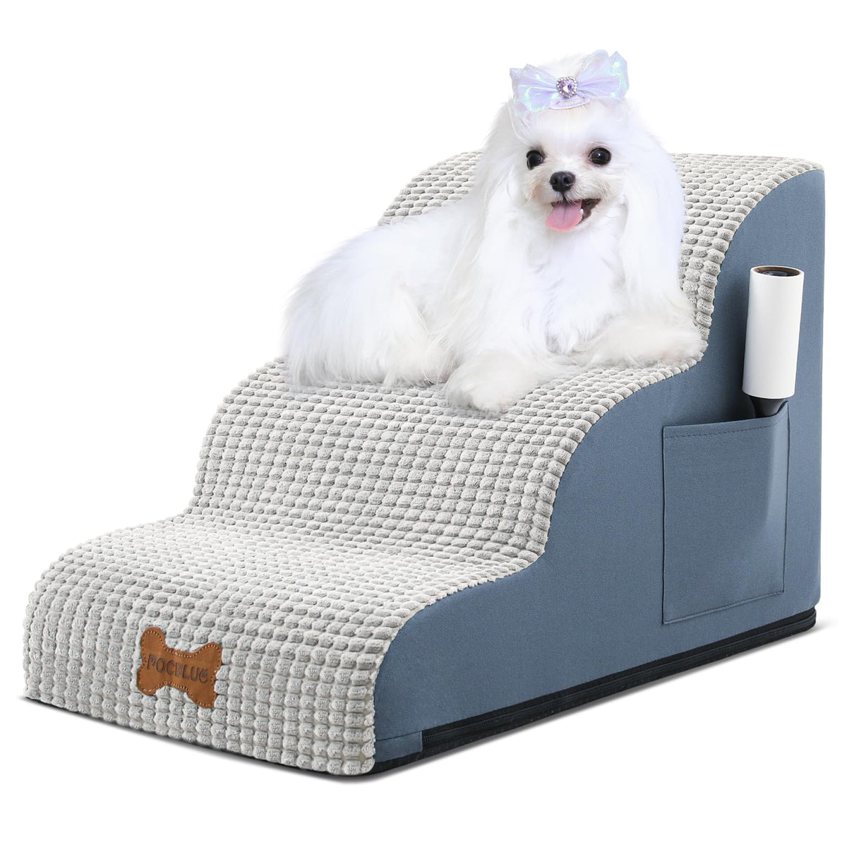POCBLUE dog stairs 3-step gray with stable grip for sofa access.