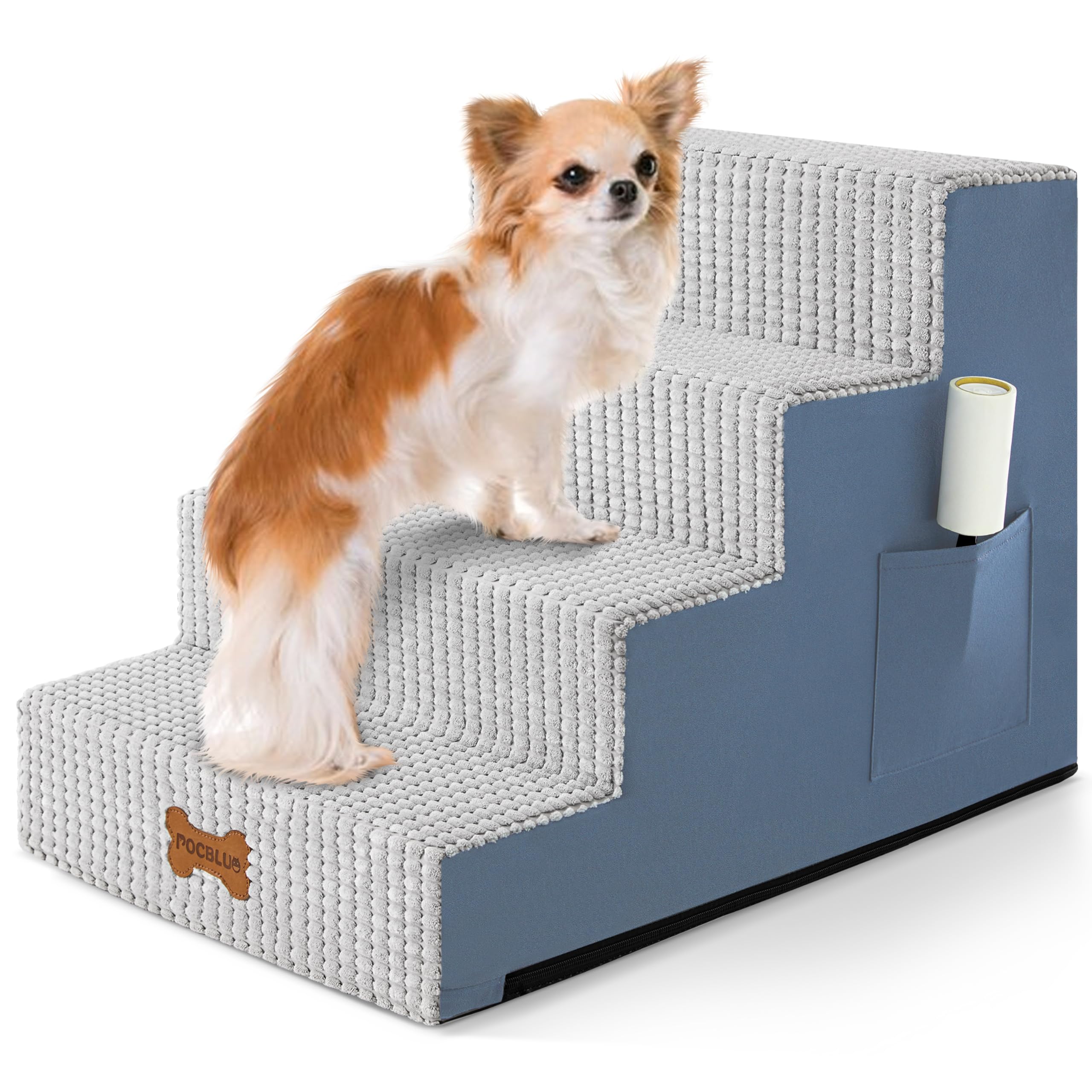POCBLUE 4-step gray dog stairs beside bed for easy nightly access