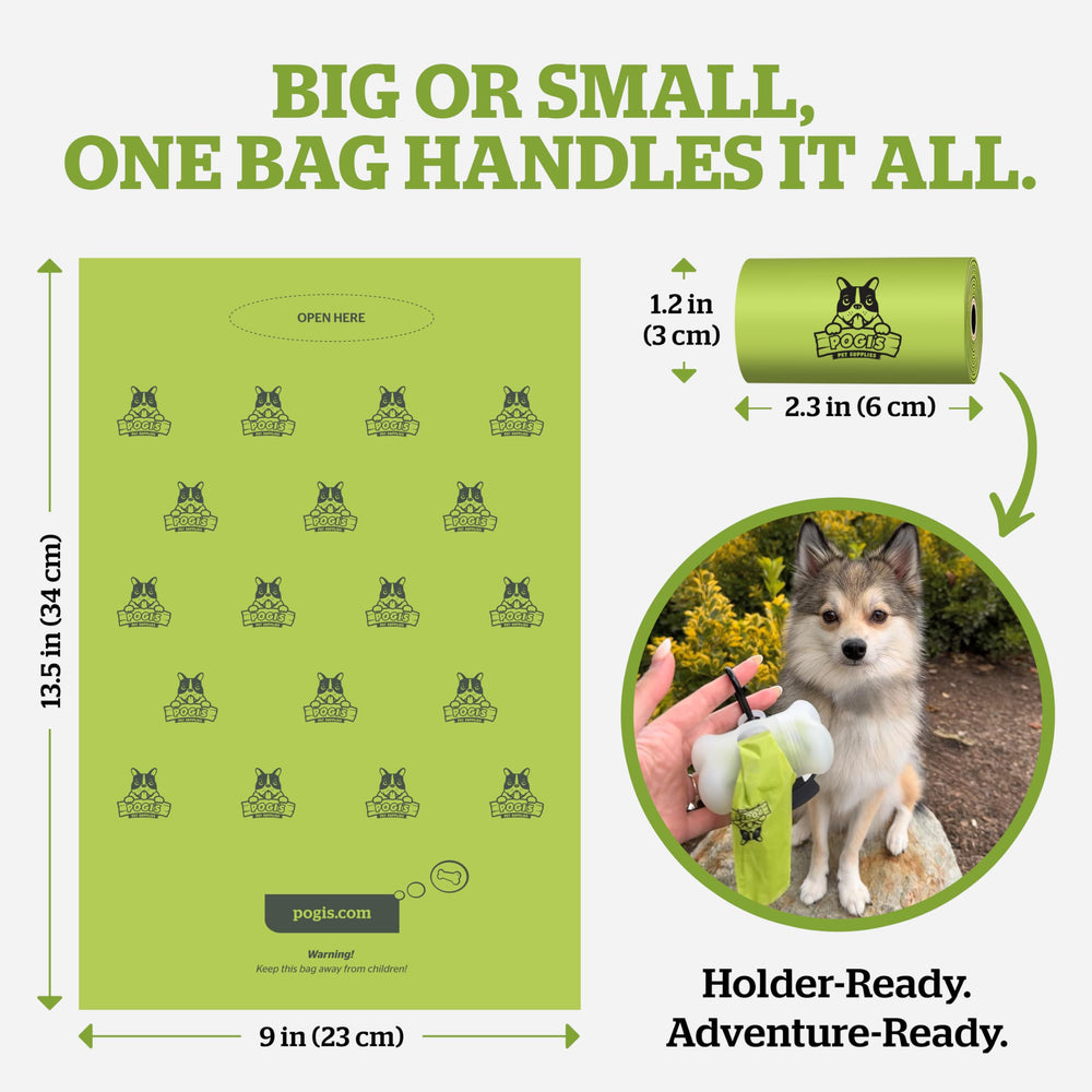 Pogi's Bag Dispenser attached to leash for hands-free cleanup.