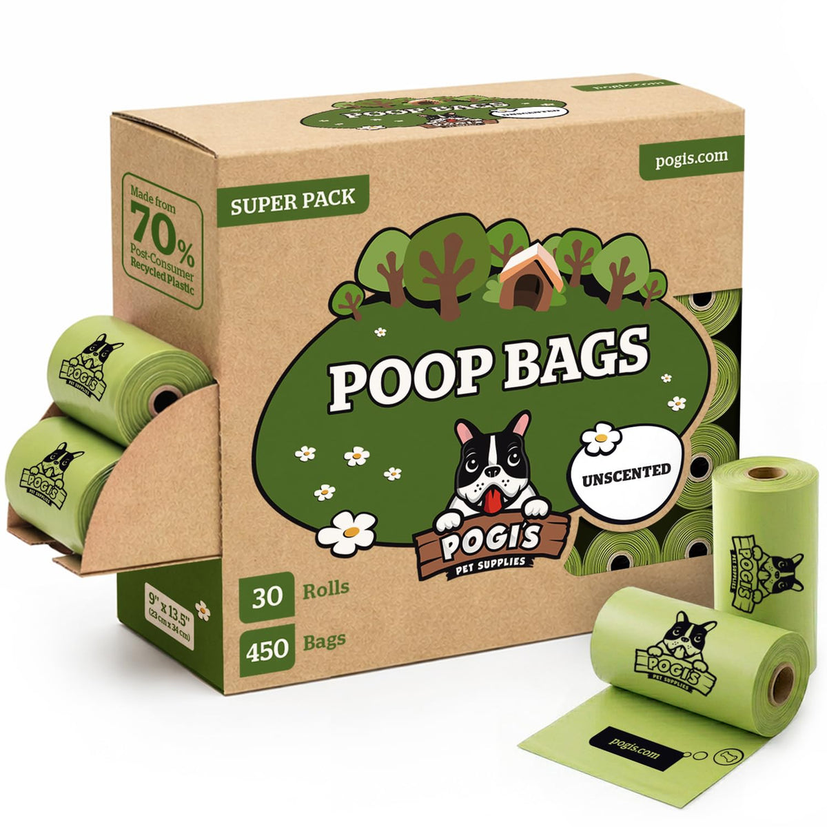 Pogi's Dog Poop Bags extra thick and tear-resistant for tough cleanup on walks.