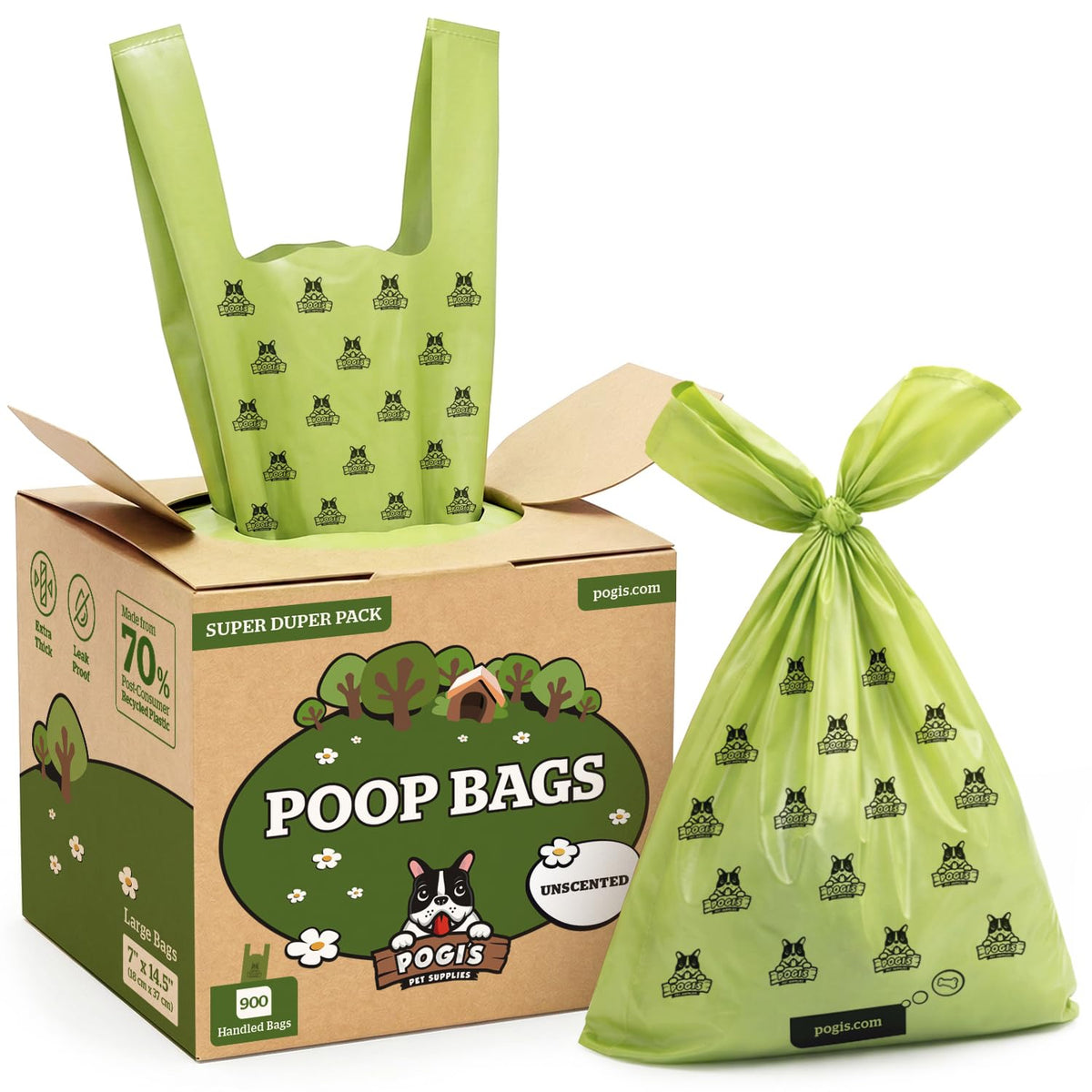 Pogi's Dog Poop Bags with handles showing extra-thick durability for tough messes