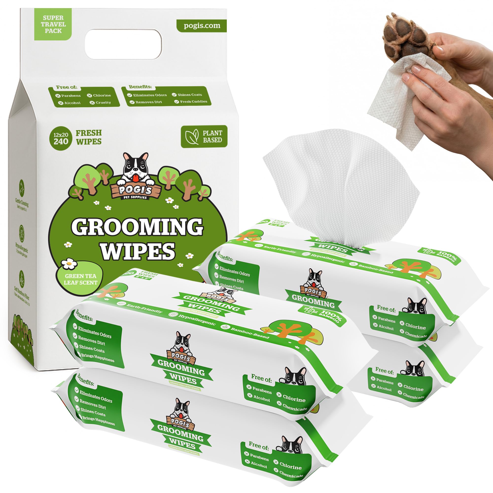 Pogi's Dog Wipes packaging showing green tea scent for quick grooming.