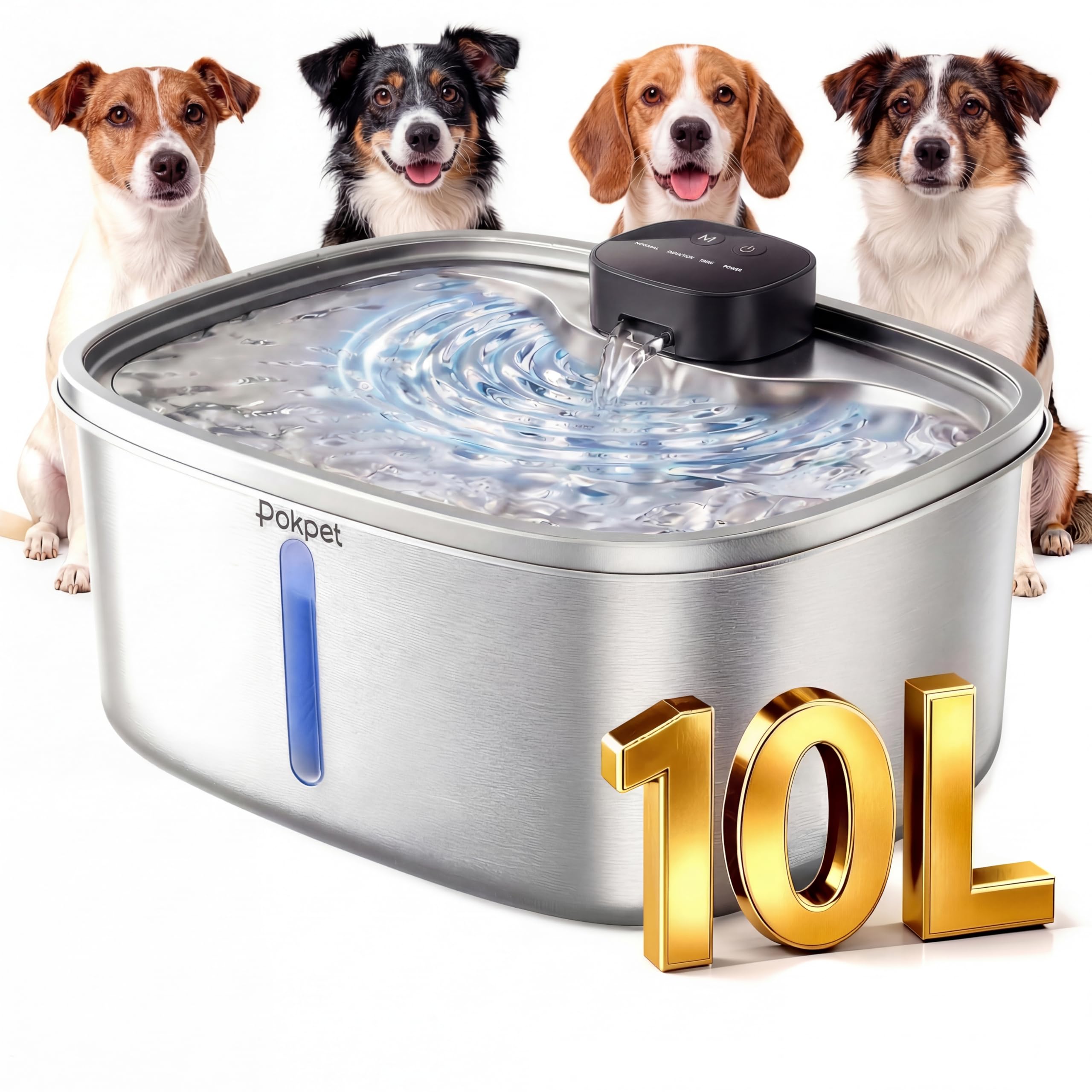Pokpet water fountain 10L capacity shown in a multi-pet home
