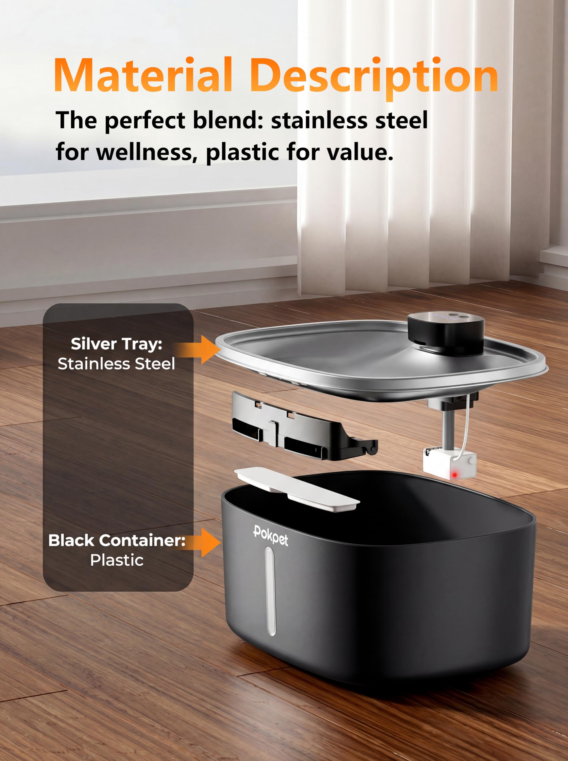 Pokpet Water Fountain 10L plug-in design comes with a USB-C cable.