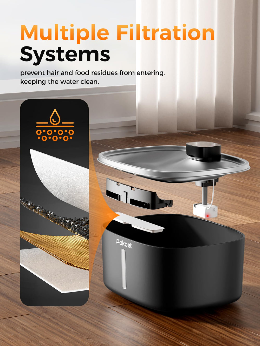 Pokpet Water Fountain 10L quiet pump operates quietly for peaceful homes.