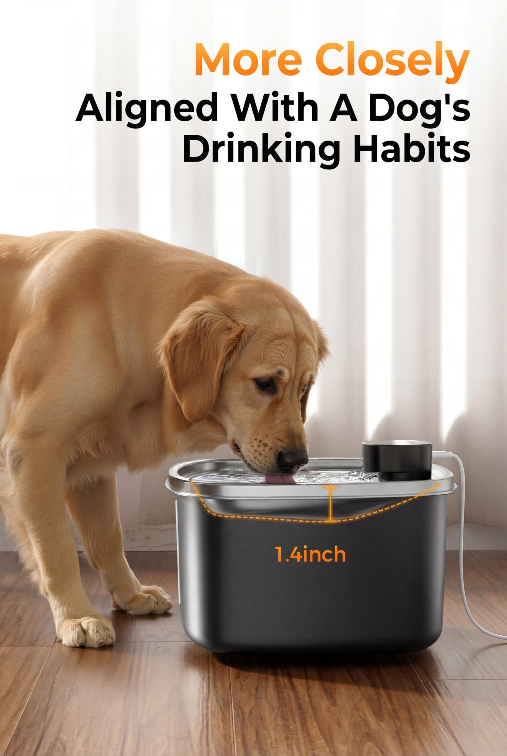Pokpet Water Fountain 10L side view highlights the durable stainless steel bowl.