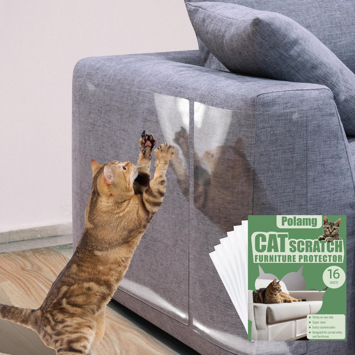 Polamg cat scratch protector front view demonstrates discreet, durable sofa protection.