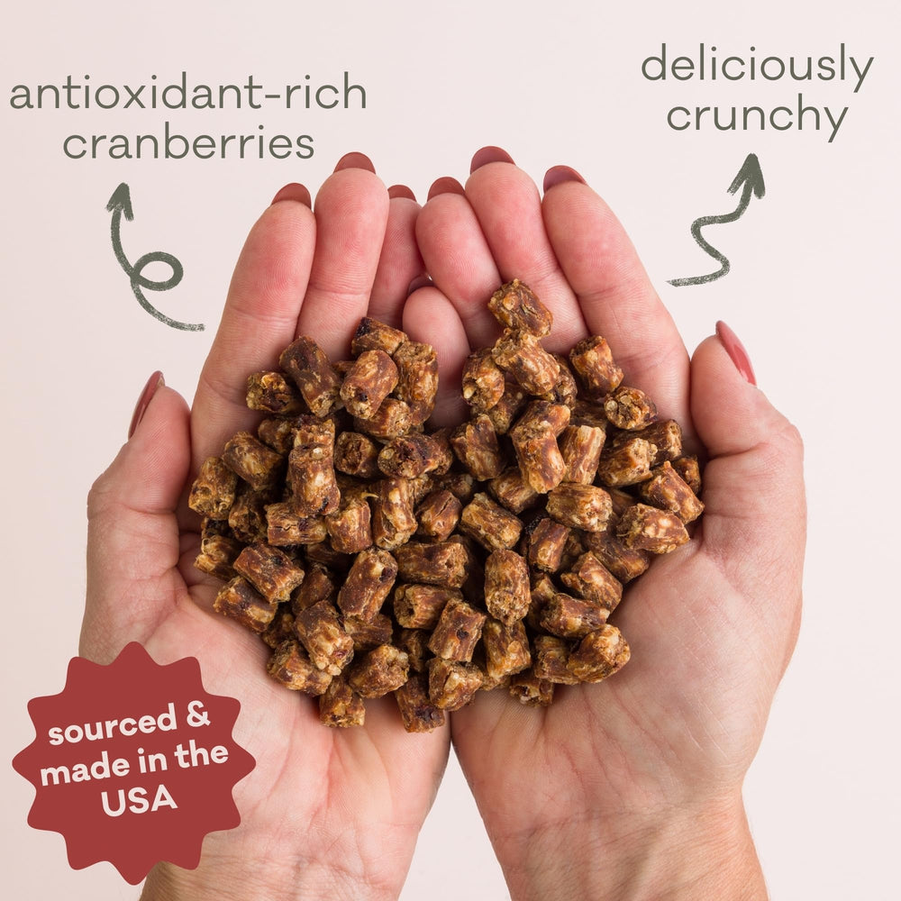 Polkadog chicken and cranberry ingredients highlighted for limited ingredients