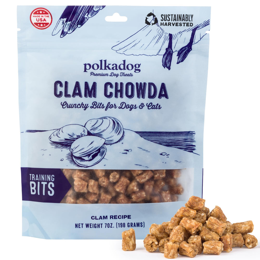 Polkadog Clam Chowda Crunchy Training Bits bag front showcasing omega-3 power for healthy skin.