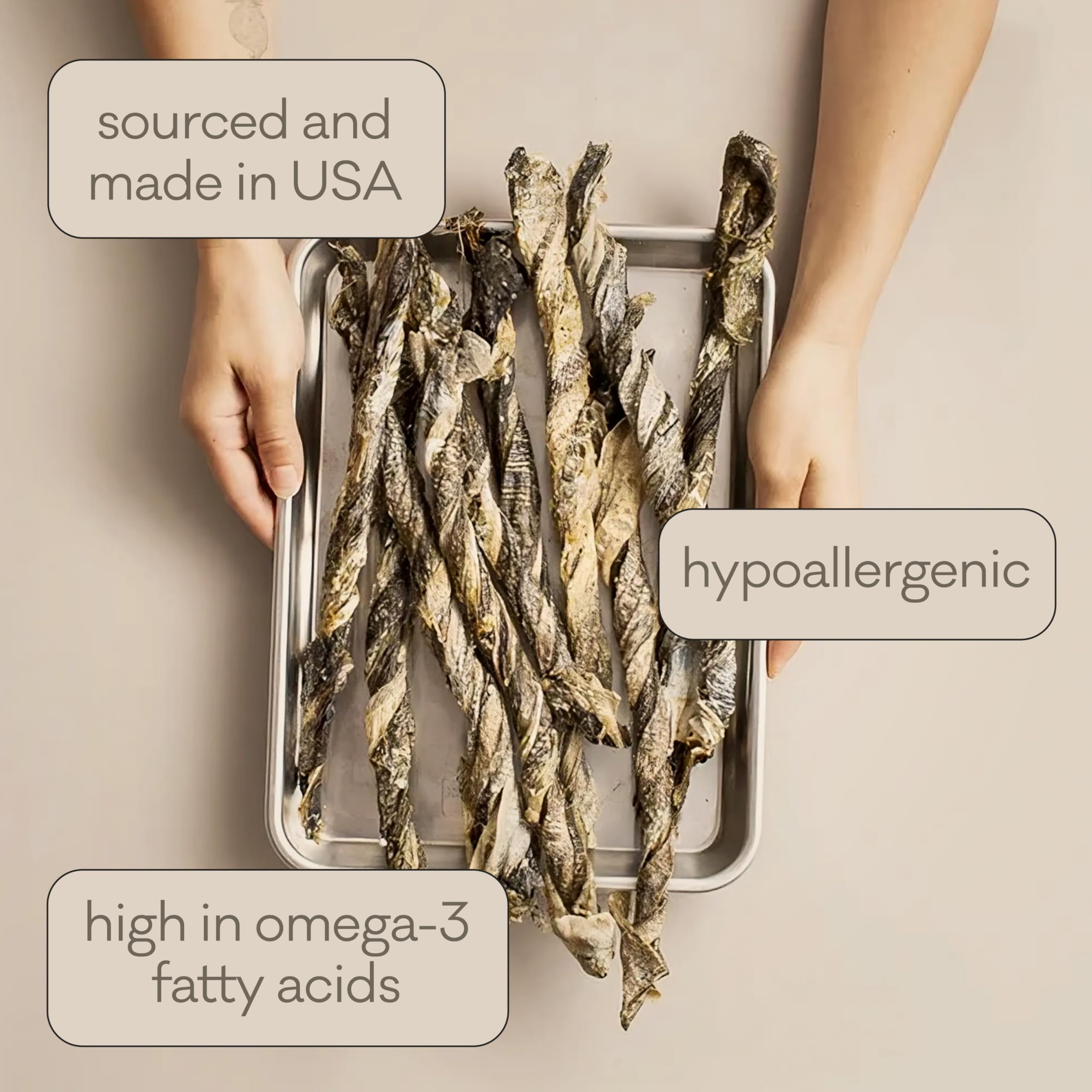 Close-up of 100% single-ingredient cod skins by Polkadog.