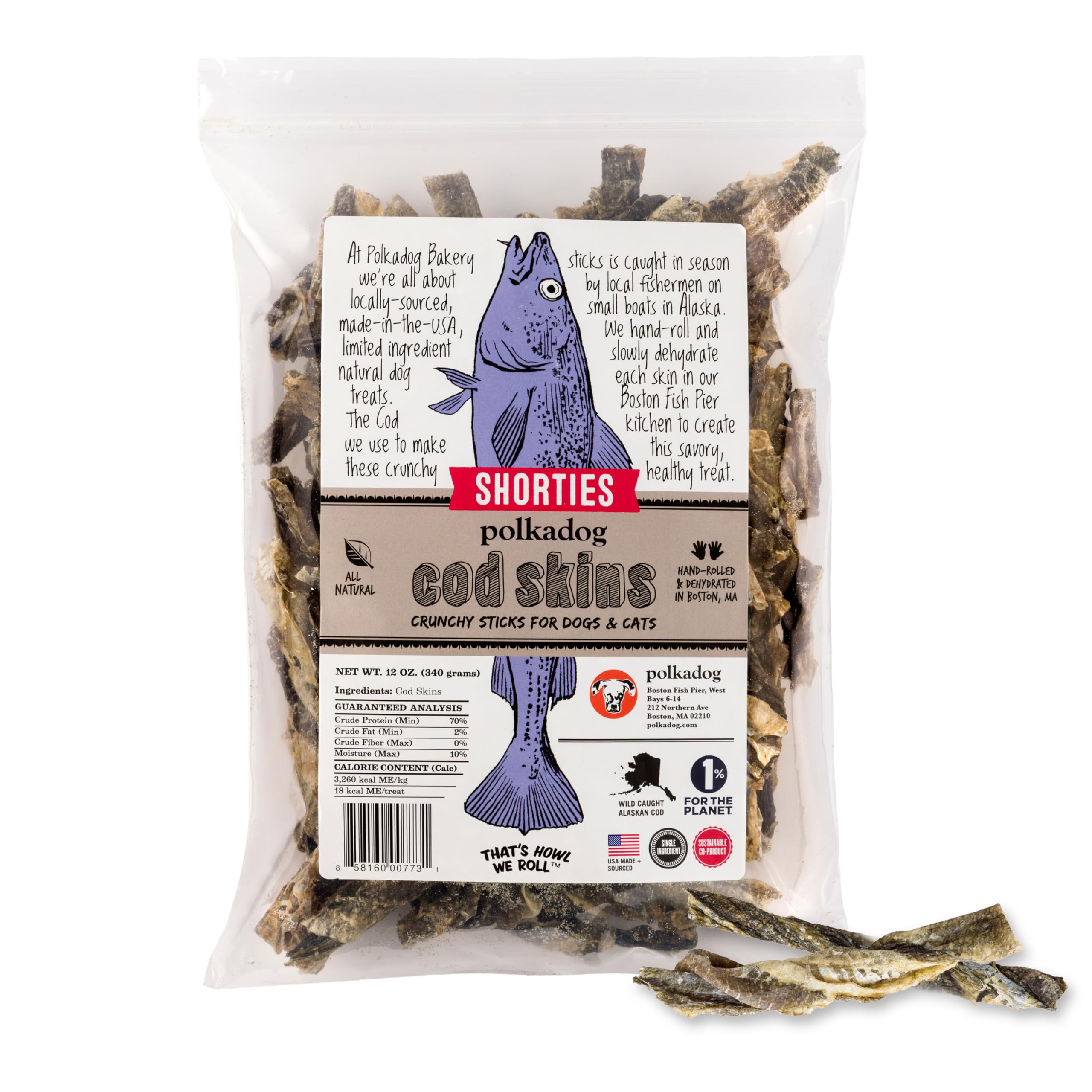 Polkadog Cod Skins packaging shows USA-made, premium single-ingredient dog treats.