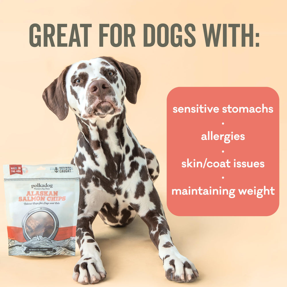 Polkadog crunchy dog chips, loved by dogs of all sizes.