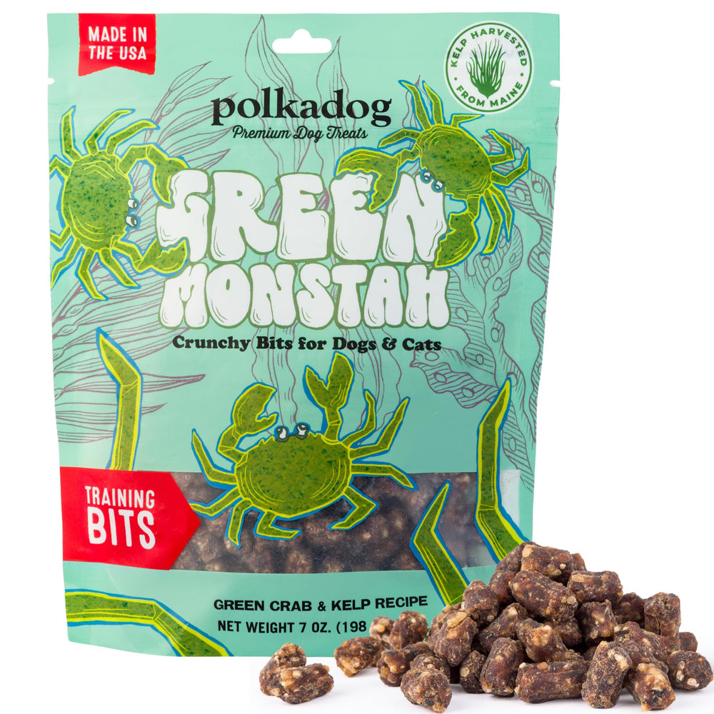 Polkadog Green Crab & Kelp Crunchy Training Bits closeup show bite-sized rewards