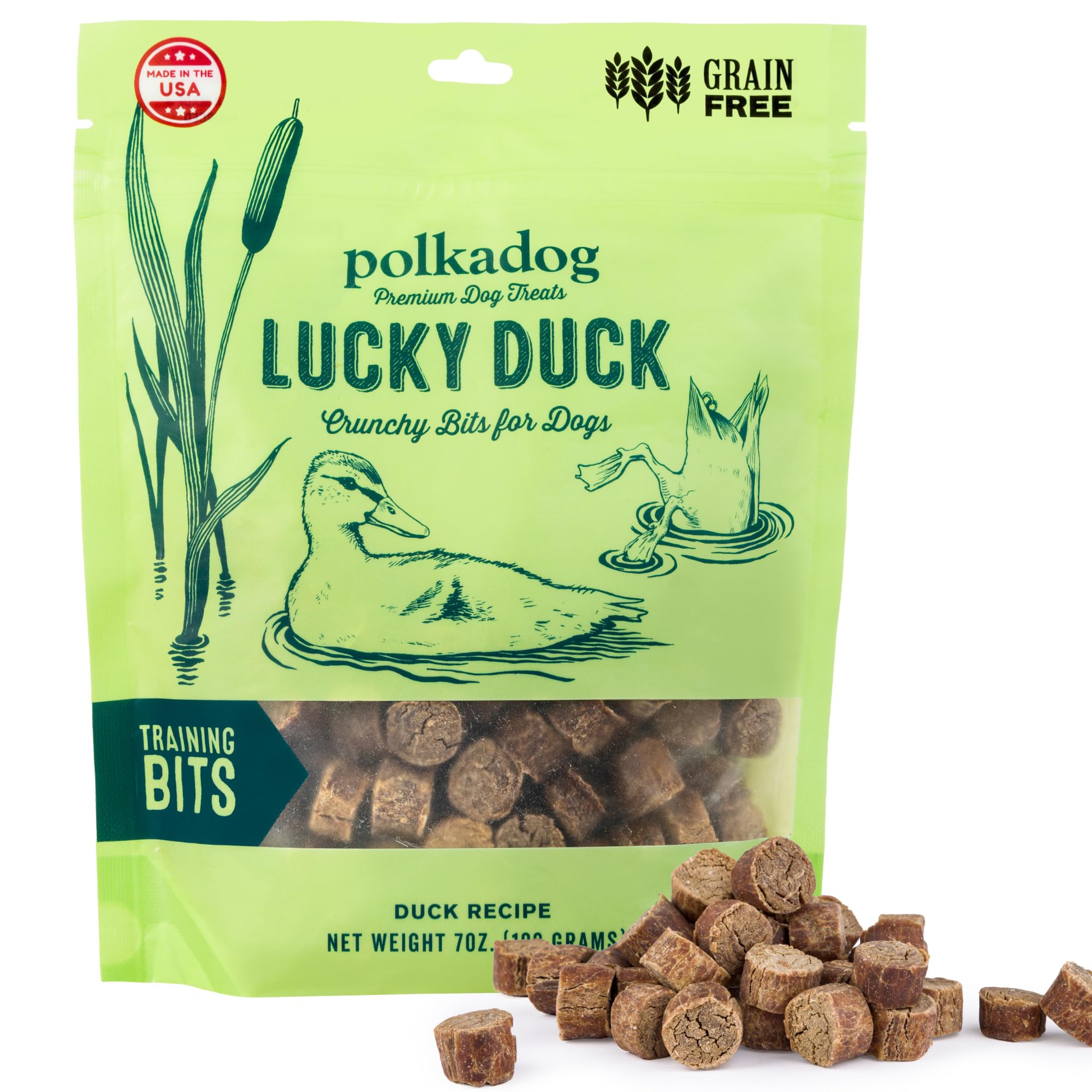 Polkadog Lucky Duck Crunchy Training Bits bag with bite-sized rewards for training.