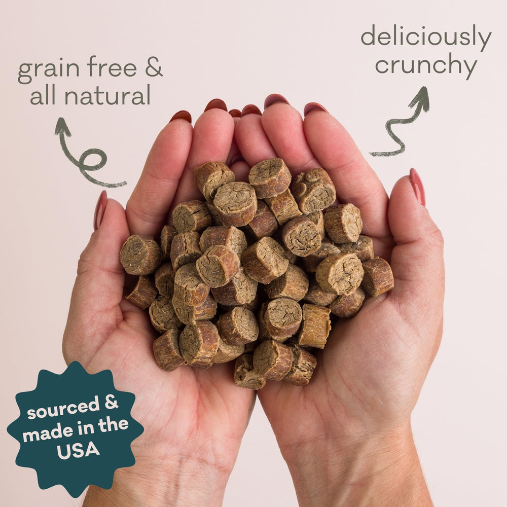 Polkadog Lucky Duck Crunchy Training Bits shows grain-free ingredients like duck liver and potato flour.