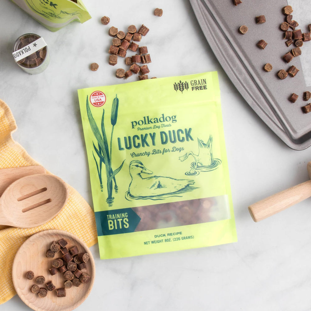 Polkadog Lucky Duck Crunchy Training Bits suitable for small breeds during training.