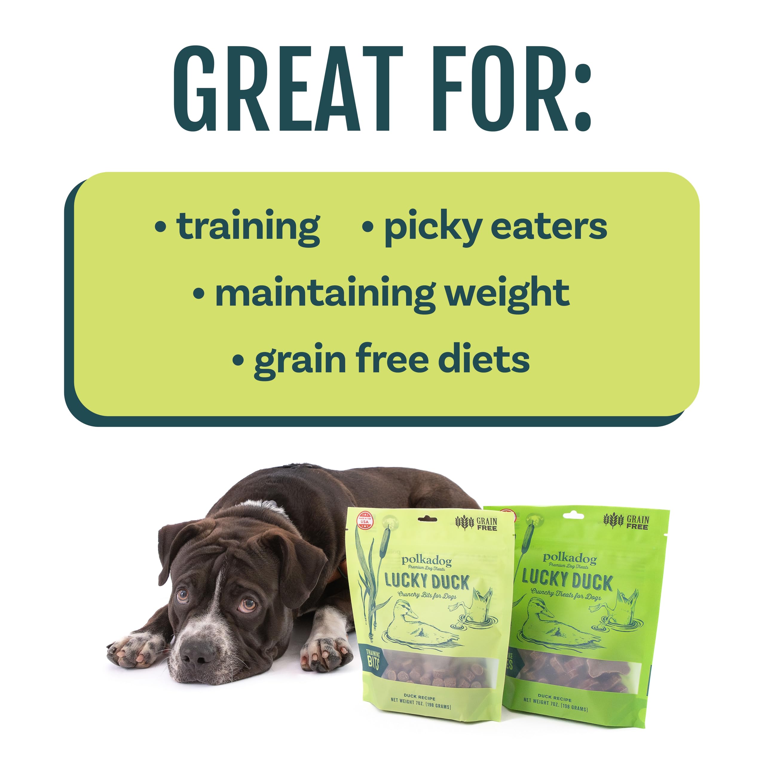 Polkadog Lucky Duck Crunchy Training Bits crafted in a USA kitchen with care.