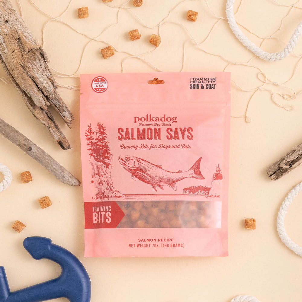 Polkadog Salmon Says Crunchy Training Bits small bites suitable for all dog sizes
