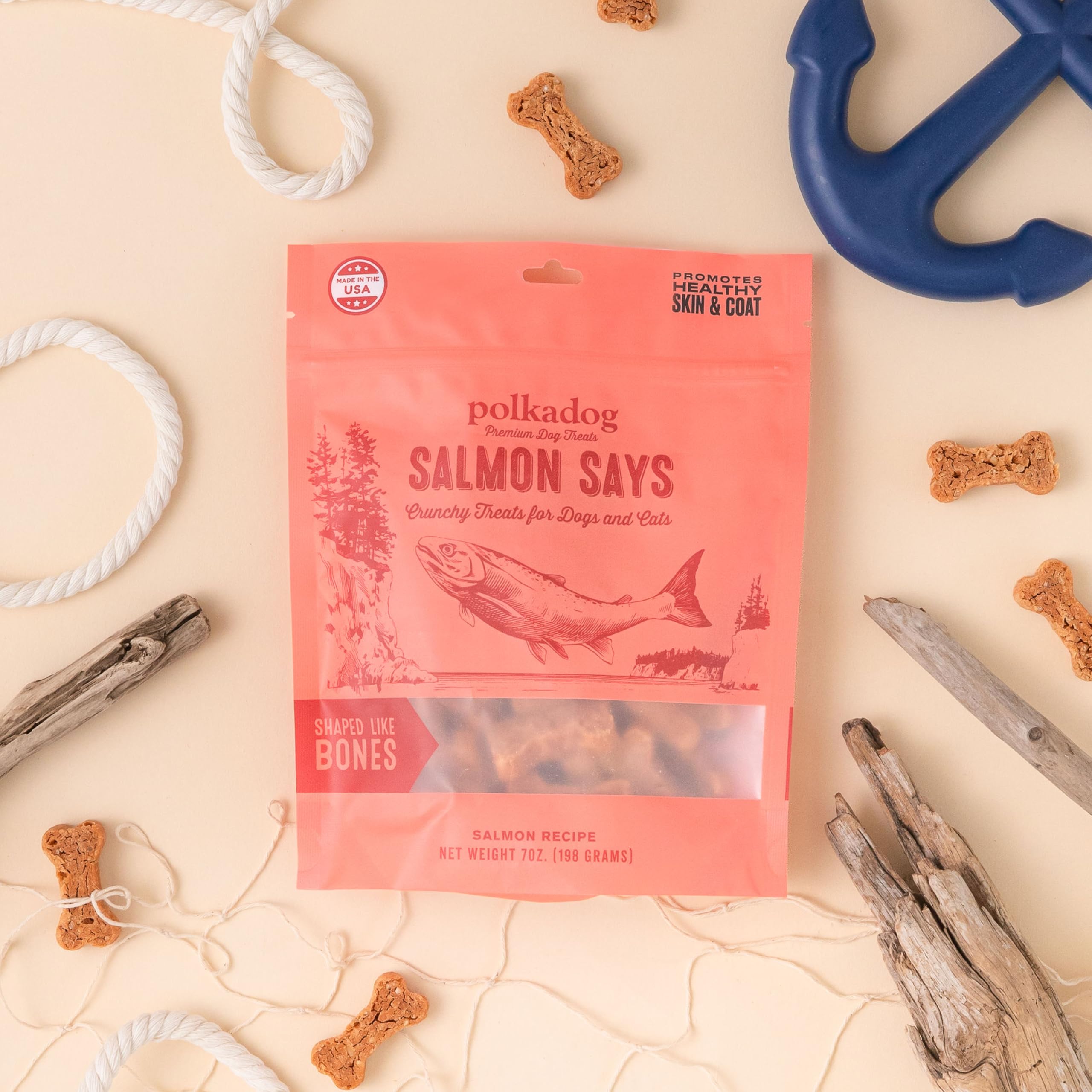 Polkadog Salmon Says made in USA from fresh ingredients in Boston kitchen.