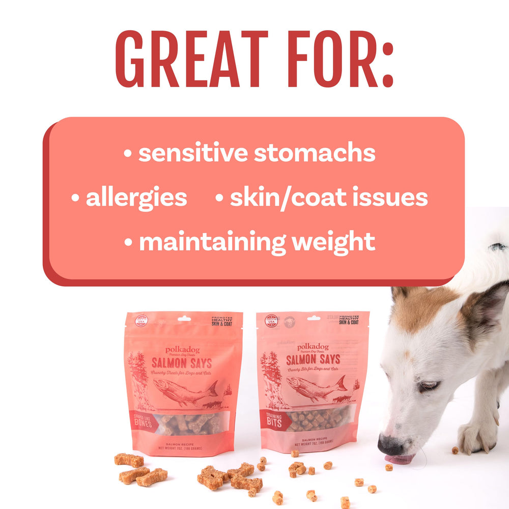 Polkadog Salmon Says omega-3 rich snack supports coat shine and skin health.