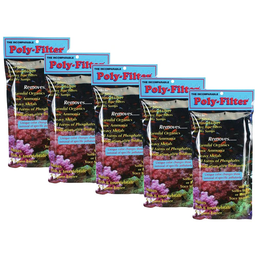 Poly-Bio-Marine Poly Filter Pad 4x8 in five-pack for efficient chemical filtration in aquariums.