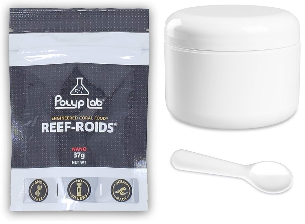 Polyp Lab Reefroids Polyp-Booster jar with spoon for targeted coral feeding and reef health.