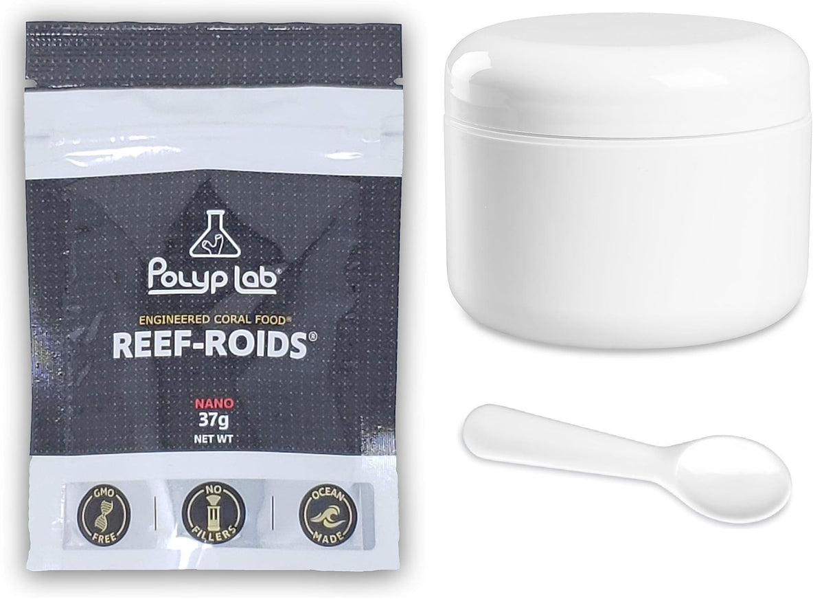 Polyp Lab Reefroids Polyp-Booster jar with spoon for targeted coral feeding and reef health.