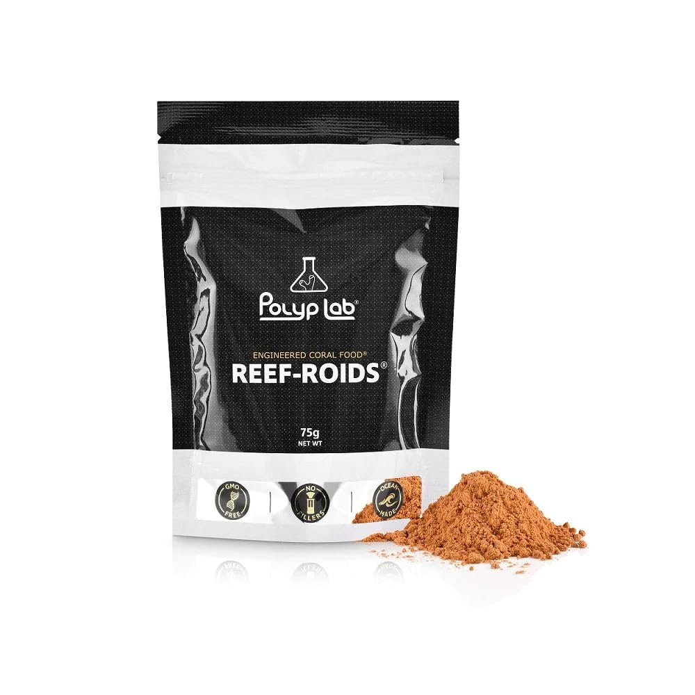 Polyplab Reef-Roids jar packaging shown for convenient feeding preparation.