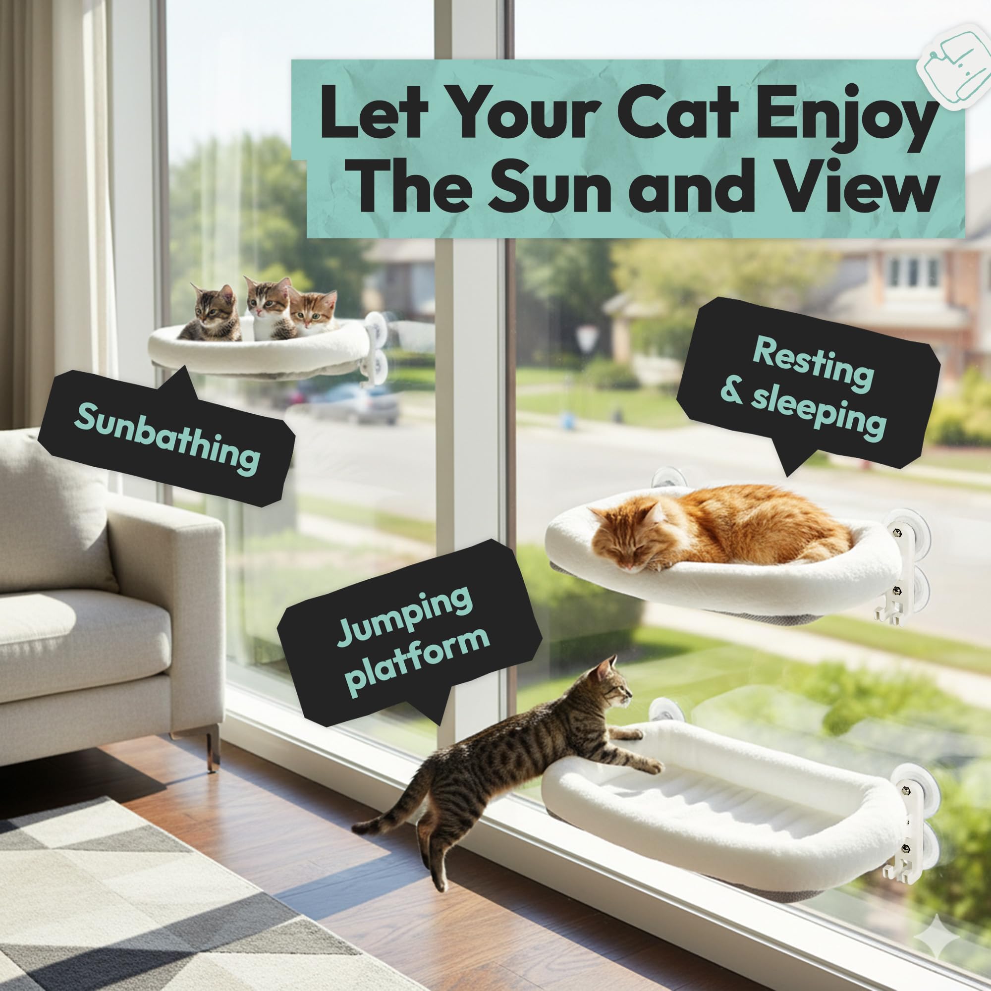 POMESEA cat relaxing on window perch demonstrates a cozy elevated view.