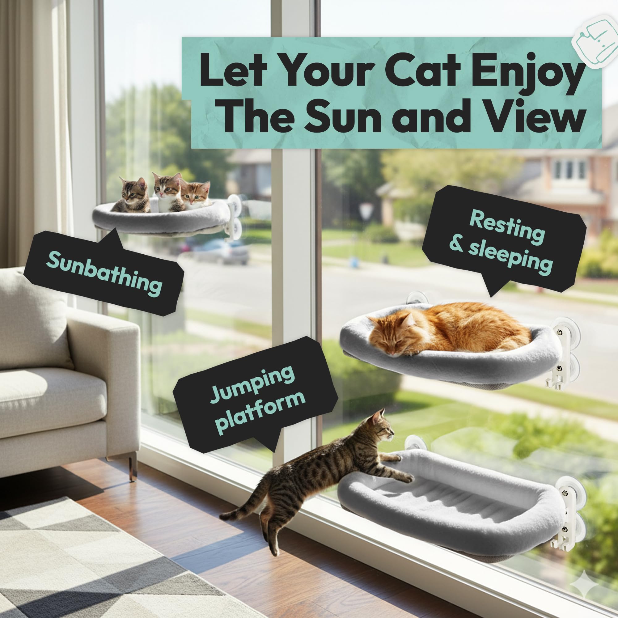 POMESEA cordless cat window perch cat relaxing on the perch
