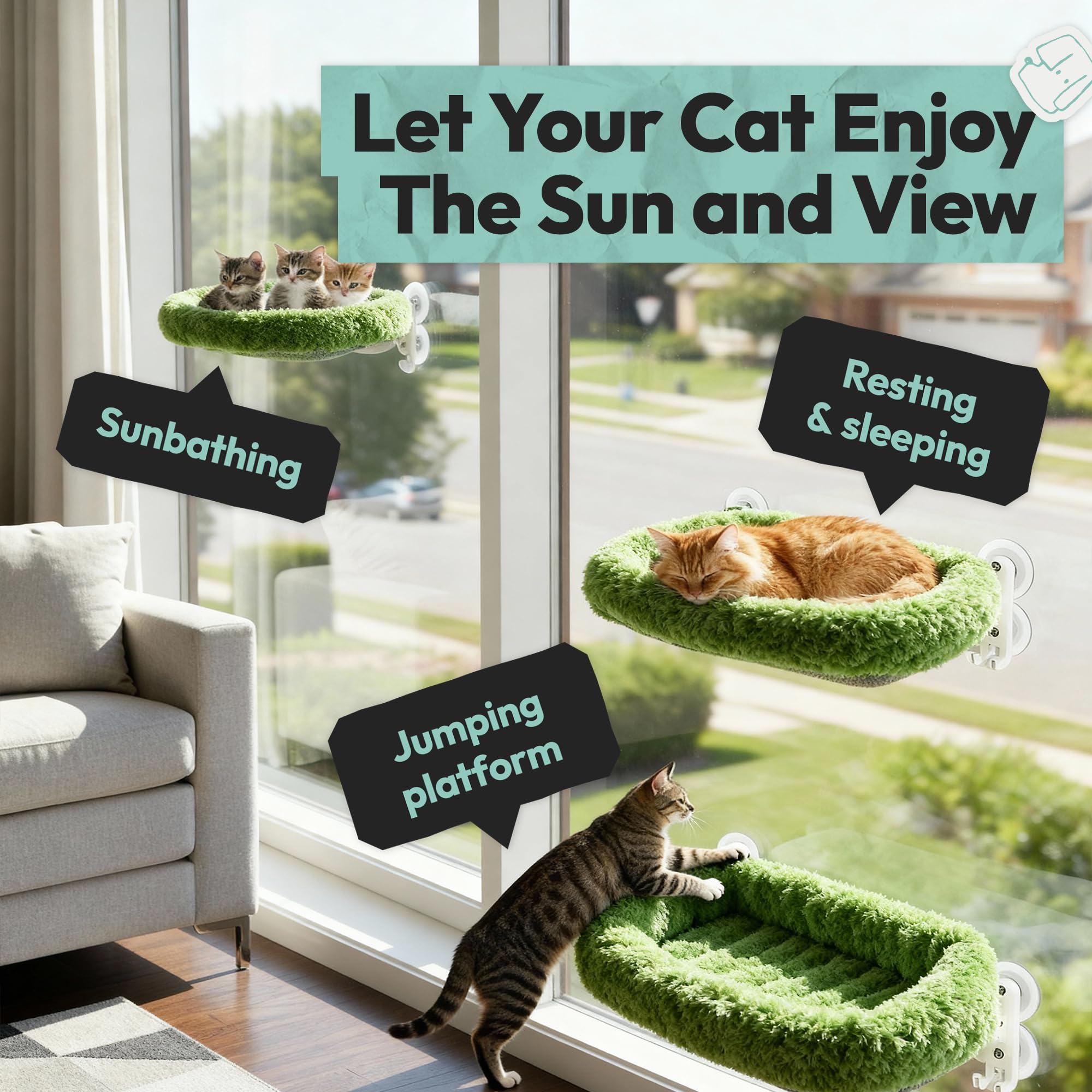 POMESEA cordless cat window perch in use shows happy cat on window.