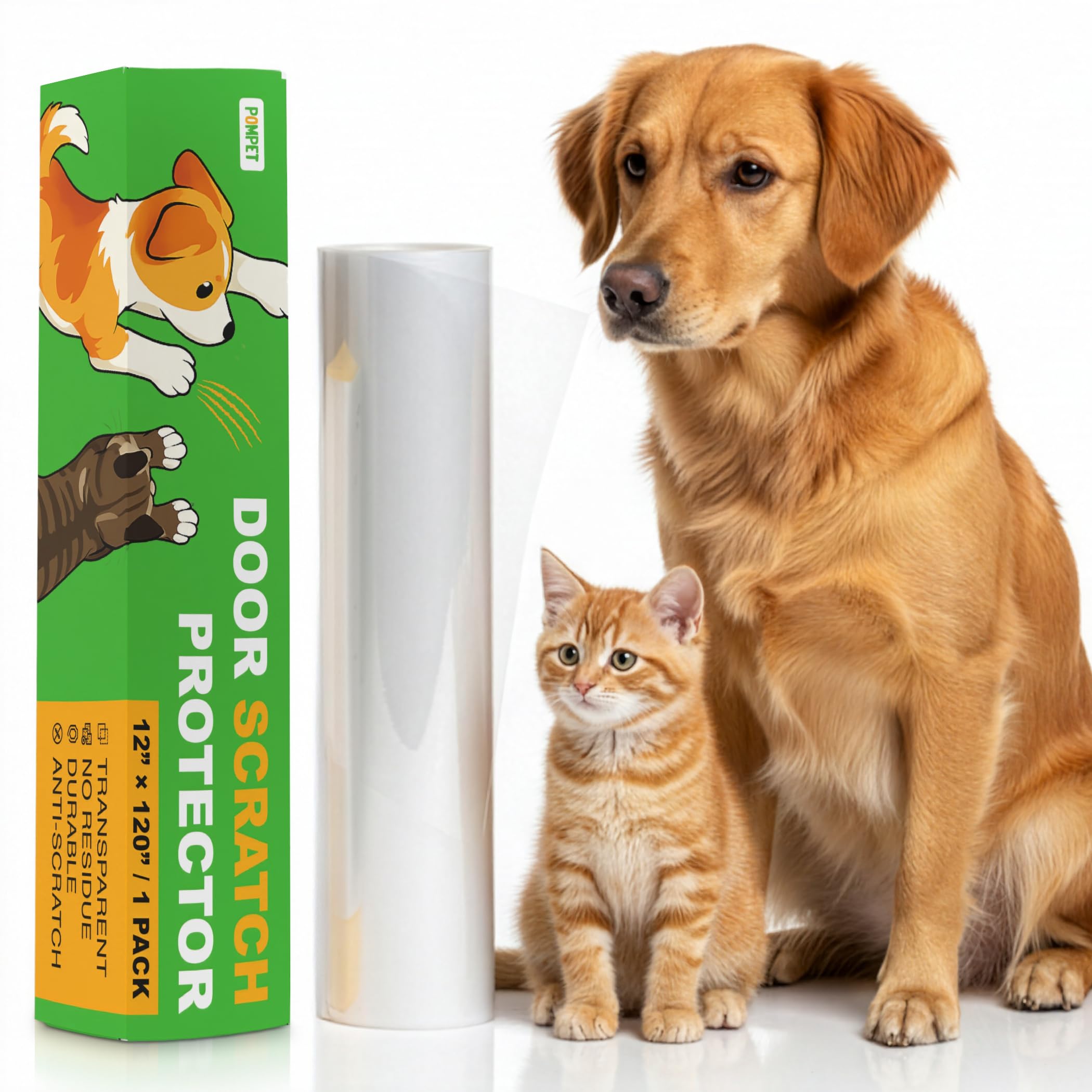 POMPET door protector guards doors from dog scratches with a clear, residue-free film.