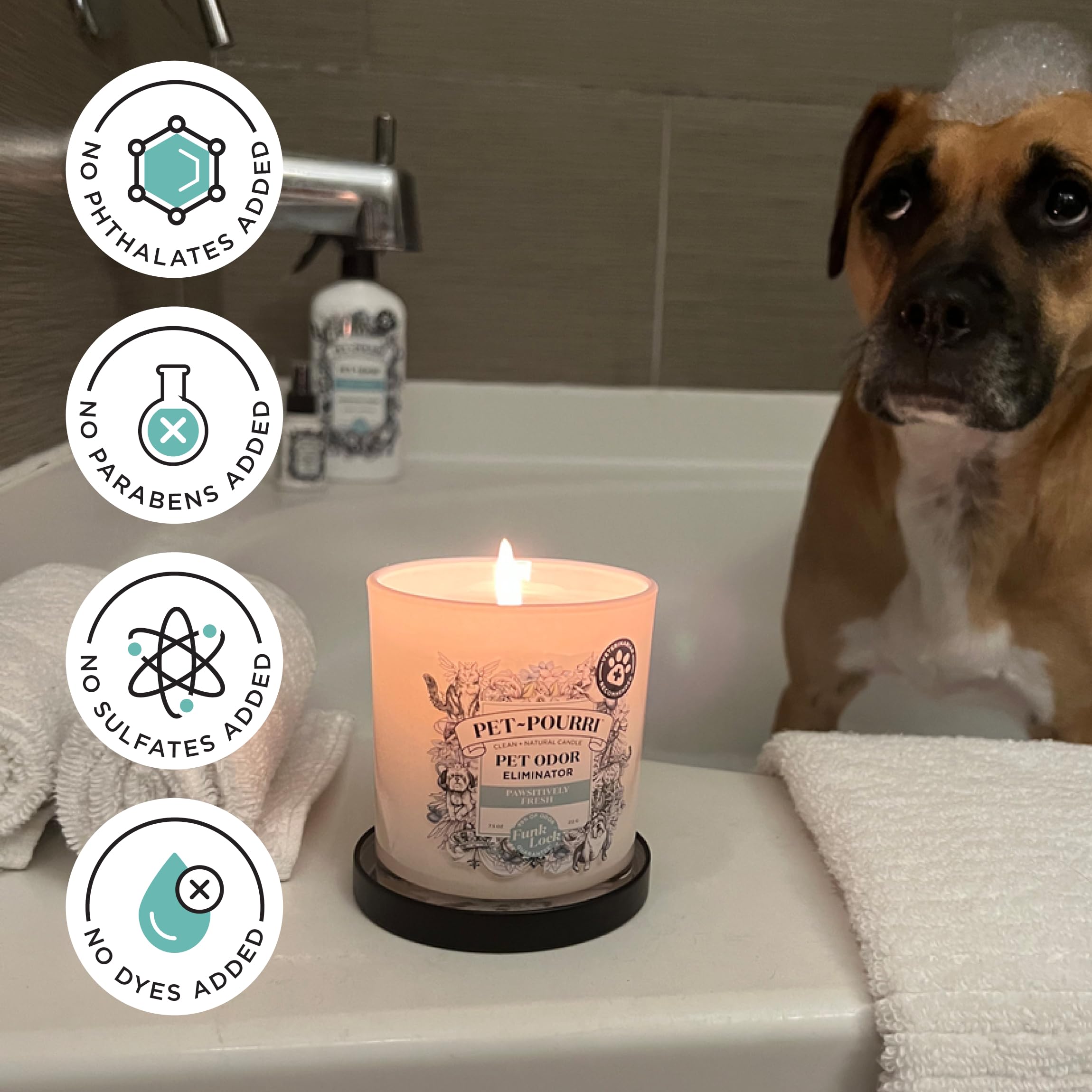 Poo-Pourri Pawsitively Fresh candle uses odor removal action for pet spaces