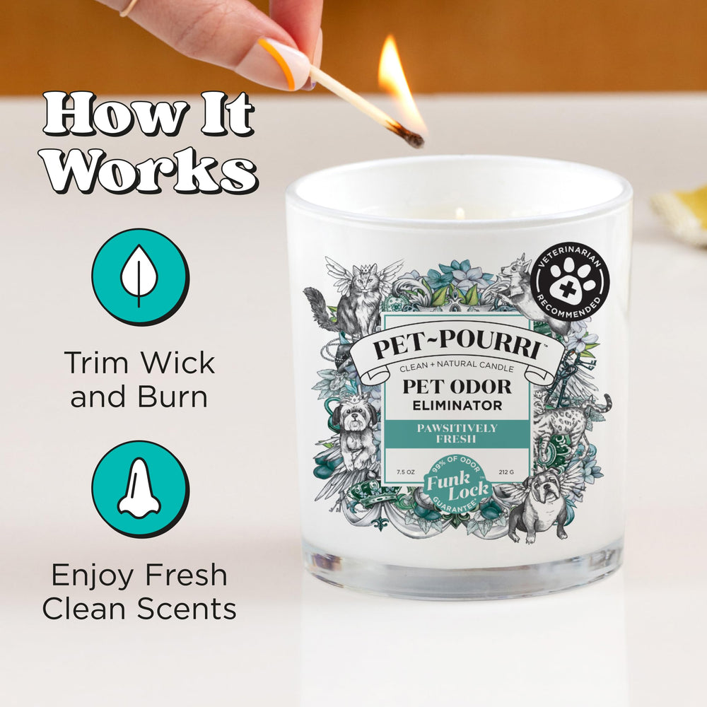 Poo-Pourri Pawsitively Fresh candle close-up shows wick and pineapple jasmine pear scent