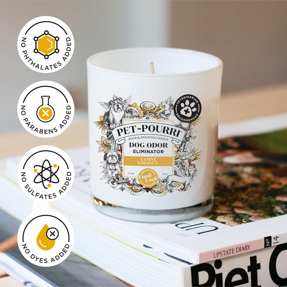 Poo-Pourri Canine Coconut Candle lit ambiance over dog bed area suggests refreshed air