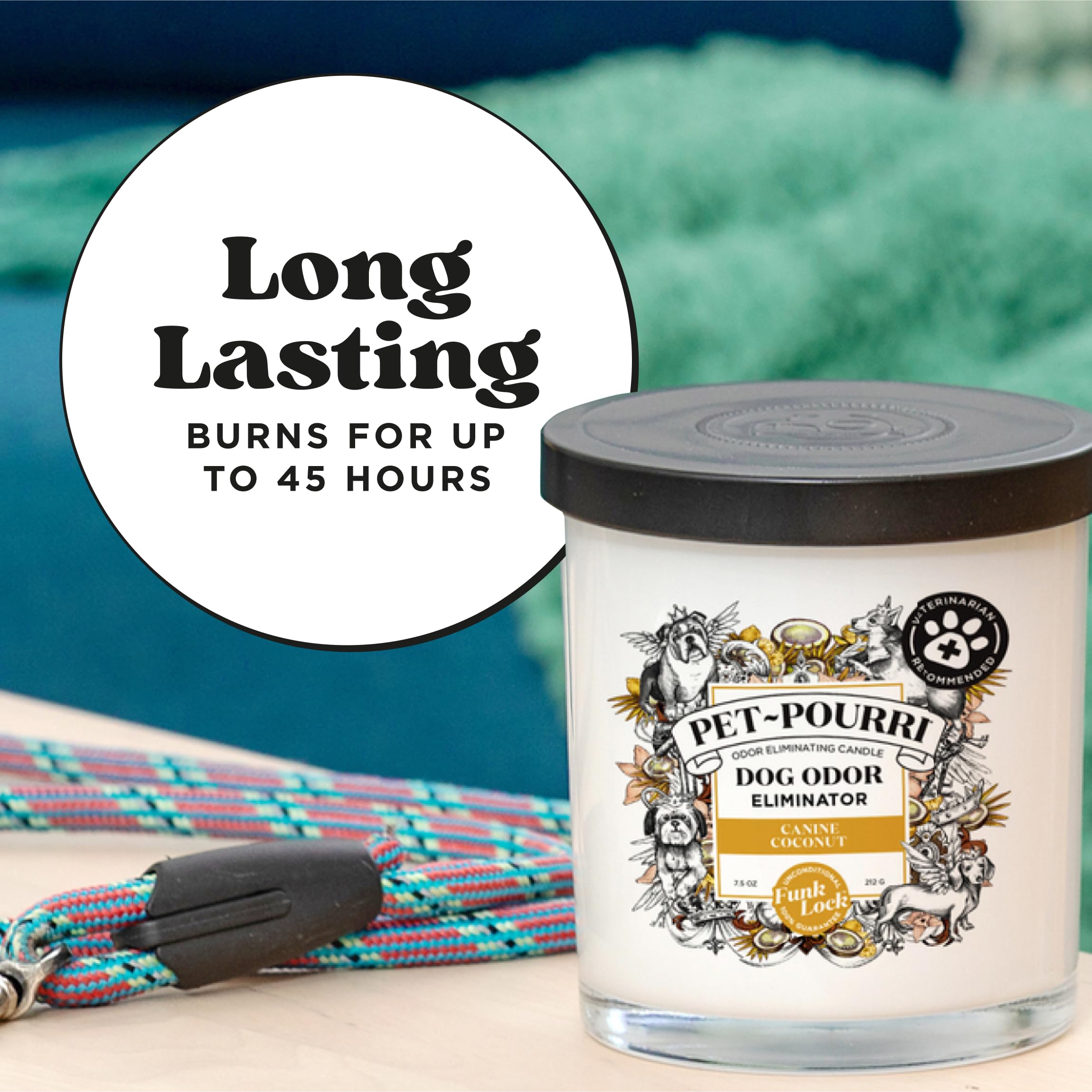 Poo-Pourri Canine Coconut Candle side label highlights odor neutralization at the source
