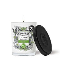 Poo-Pourri Pet-Purrfectly Bamboo candle on a clean shelf for odor reduction