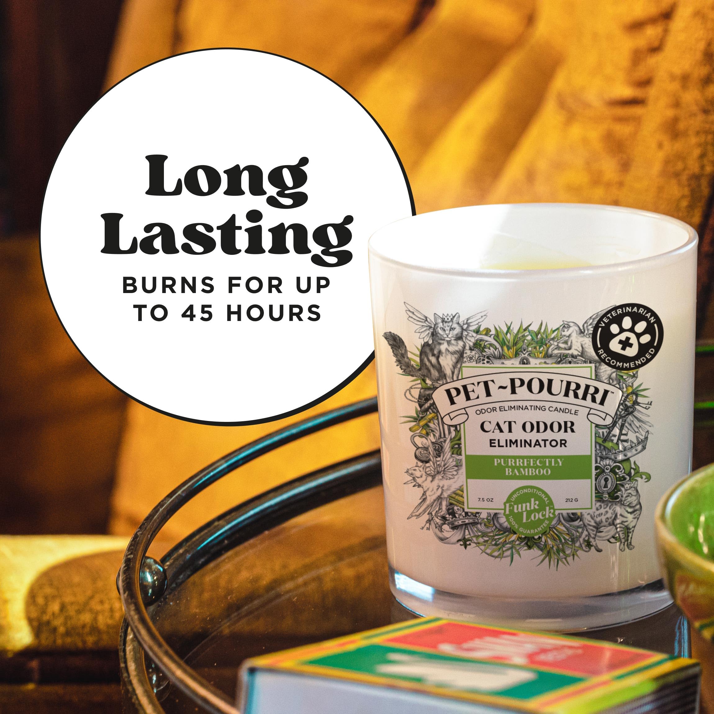 Close-up of Poo-Pourri Purrfectly Bamboo candle showing Bamboo Jasmine Pear notes