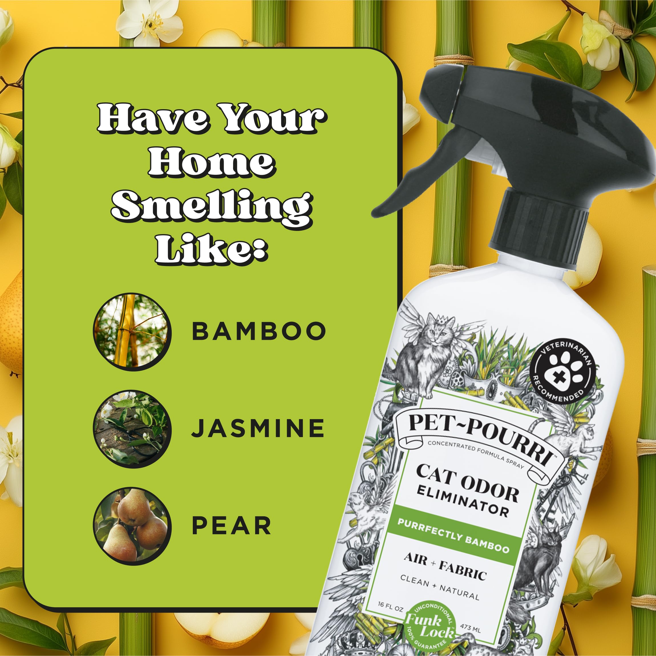 Poo-Pourri Purrfectly Bamboo triple-use spray freshens air and fabrics.